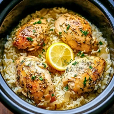 Slow Cooker Lemon Herb Chicken served with rice and fresh herbs