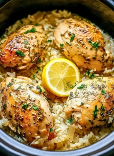 Slow Cooker Lemon Herb Chicken served with rice and fresh herbs