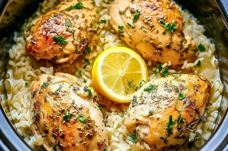 Slow Cooker Lemon Herb Chicken served with rice and fresh herbs