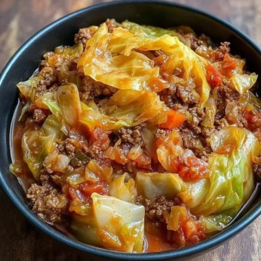 Bowl of slow cooker unstuffed cabbage rolls with a rich tomato sauce.