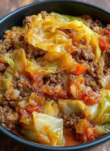 Bowl of slow cooker unstuffed cabbage rolls with a rich tomato sauce.