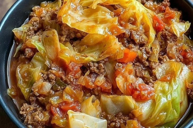 Bowl of slow cooker unstuffed cabbage rolls with a rich tomato sauce.