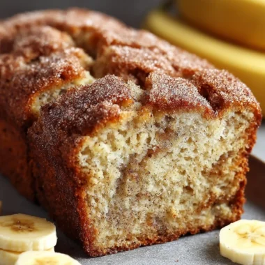 A slice of Snickerdoodle banana bread topped with cinnamon sugar, showcasing its moist texture.
