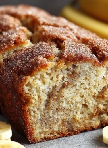 A slice of Snickerdoodle banana bread topped with cinnamon sugar, showcasing its moist texture.
