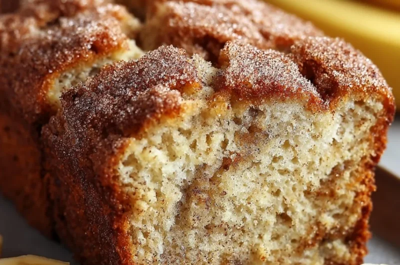 A slice of Snickerdoodle banana bread topped with cinnamon sugar, showcasing its moist texture.