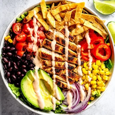 Bowl of Southwest Avocado Chicken Salad with fresh ingredients