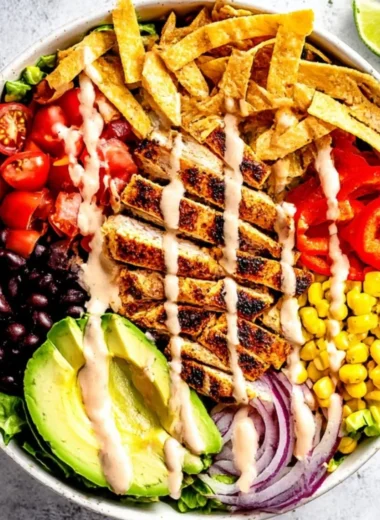 Bowl of Southwest Avocado Chicken Salad with fresh ingredients