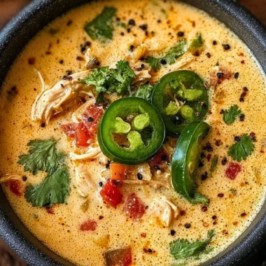 Bowl of spicy jalapeño popper chicken soup topped with cheese and jalapeños.