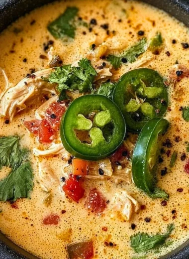 Bowl of spicy jalapeño popper chicken soup topped with cheese and jalapeños.