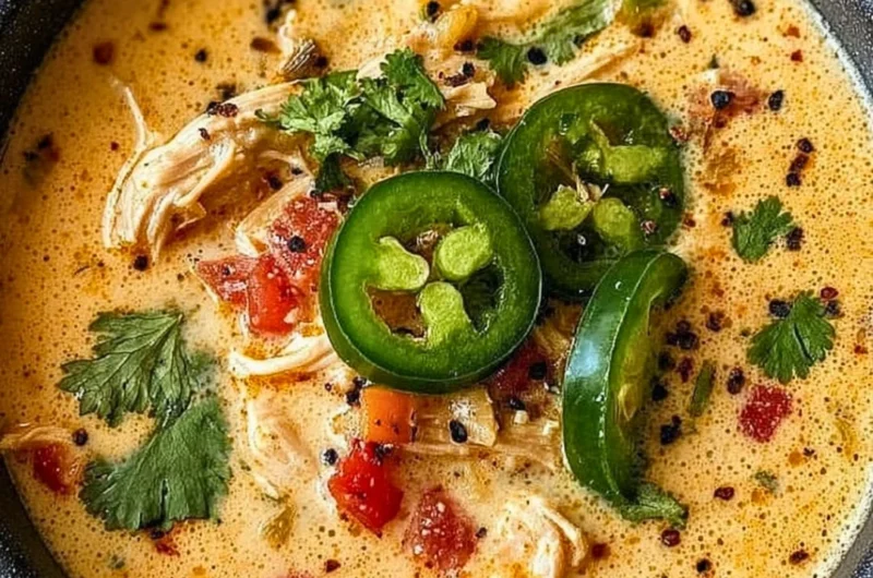 Bowl of spicy jalapeño popper chicken soup topped with cheese and jalapeños.