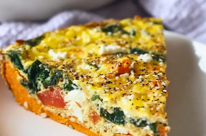 Spinach and Goat Cheese Quiche with Sweet Potato Crust on a plate