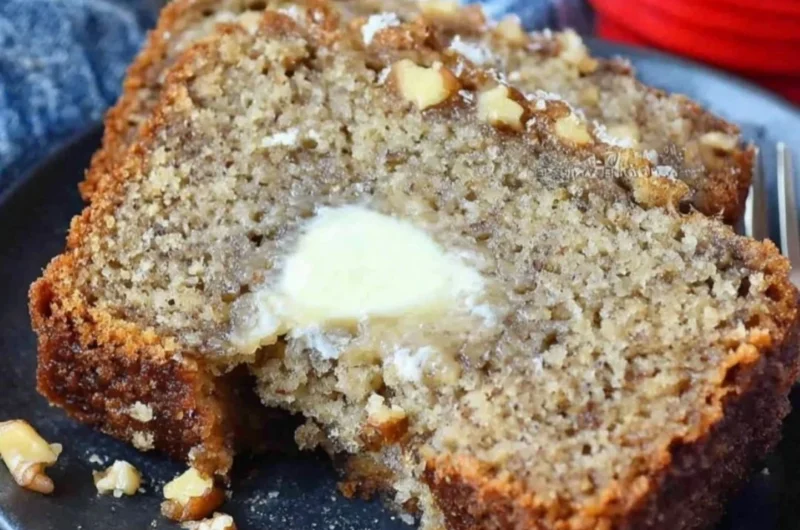 Slice of Starbucks copycat banana bread on a wooden table