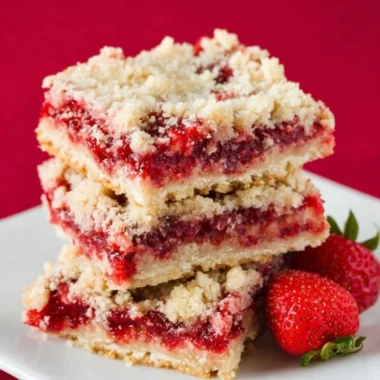 Freshly baked strawberry crumb bars with a golden crumb topping