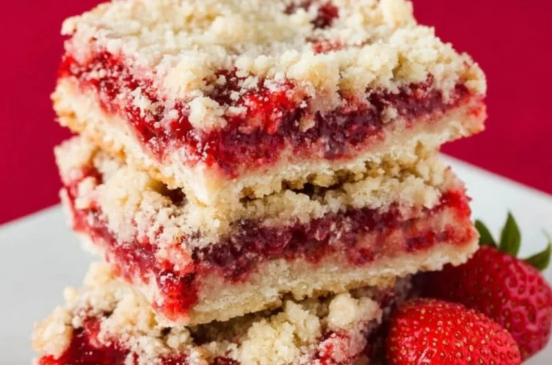 Freshly baked strawberry crumb bars with a golden crumb topping