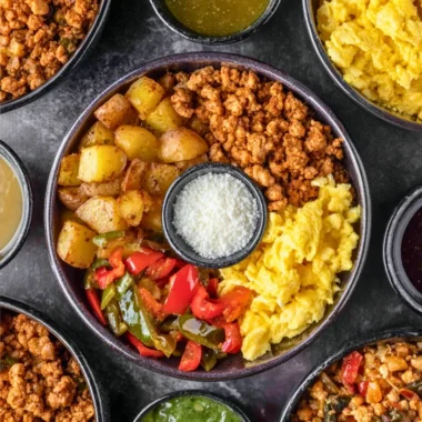 Colorful Tex-Mex breakfast bowls with eggs, beans, and fresh toppings