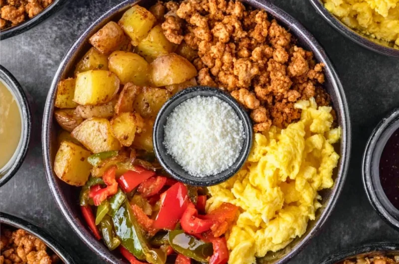 Colorful Tex-Mex breakfast bowls with eggs, beans, and fresh toppings