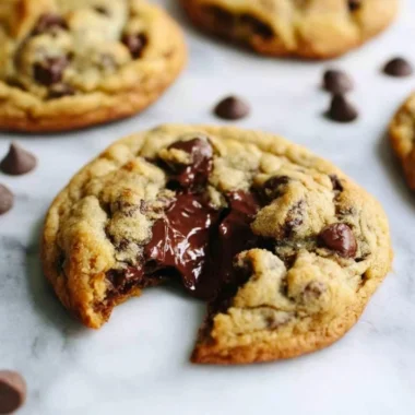 Delicious homemade chocolate chip cookies on a baking tray.