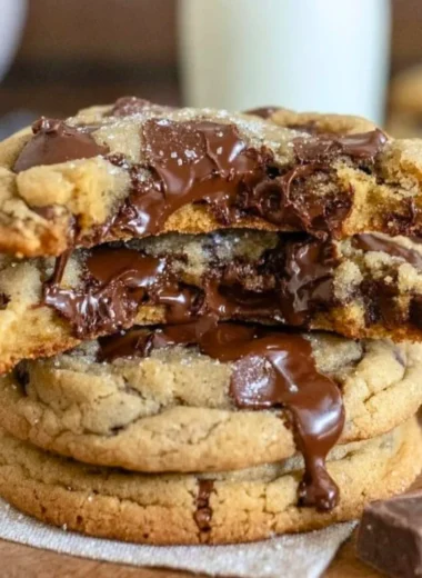 Ultra thick bakery style chocolate chip cookies with crispy edges and gooey centers