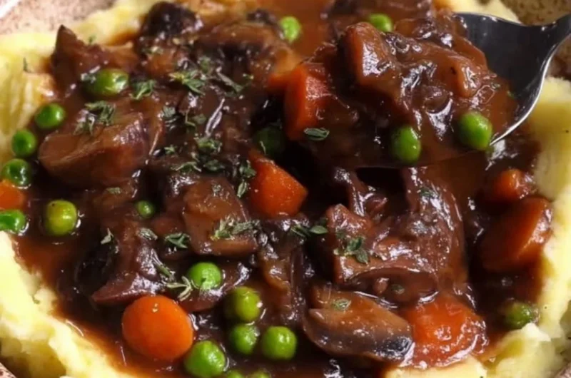 Delicious Vegan Mushroom Bourguignon served in a bowl with herbs.