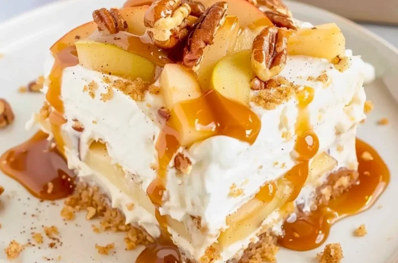Delicious Apple Delight dessert layered with graham cracker crust and creamy filling