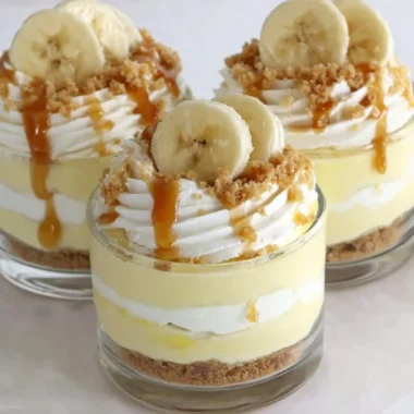Delicious Banana Caramel Cream dessert with layers of banana and caramel sauce
