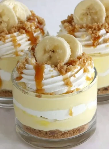 Delicious Banana Caramel Cream dessert with layers of banana and caramel sauce