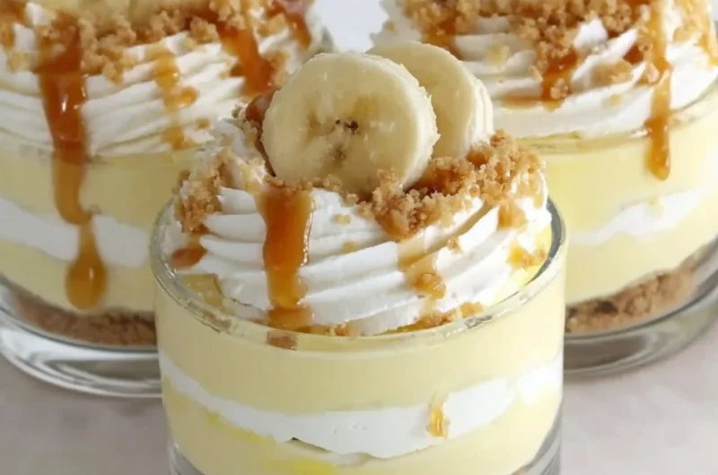 Delicious Banana Caramel Cream dessert with layers of banana and caramel sauce