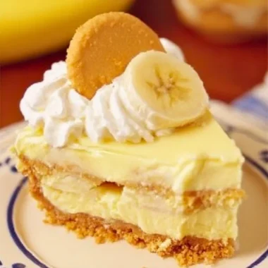 Slice of banana pudding cheesecake topped with whipped cream and banana slices