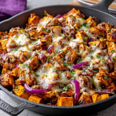 BBQ chicken sweet potato skillet in a pan, perfect one-pan dinner recipe
