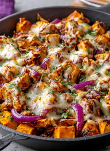 BBQ chicken sweet potato skillet in a pan, perfect one-pan dinner recipe