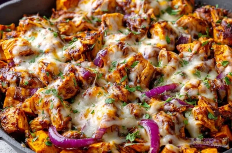 BBQ chicken sweet potato skillet in a pan, perfect one-pan dinner recipe