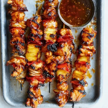 Delicious BBQ-Teriyaki Chicken Kabobs on a grill, garnished with vegetables.