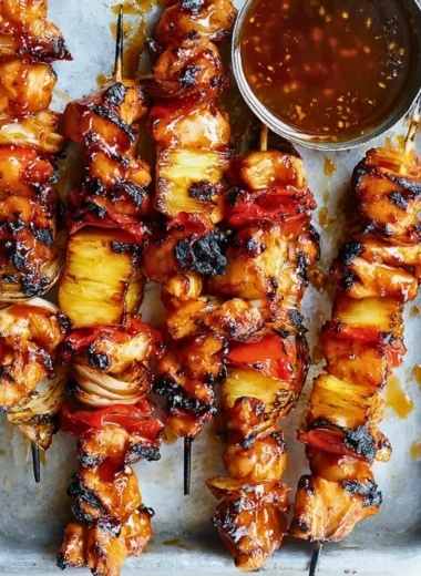 Delicious BBQ-Teriyaki Chicken Kabobs on a grill, garnished with vegetables.