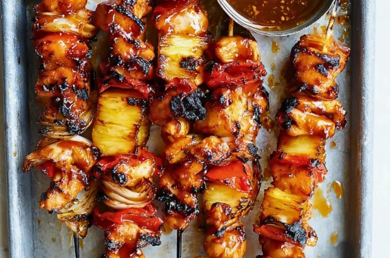 Delicious BBQ-Teriyaki Chicken Kabobs on a grill, garnished with vegetables.