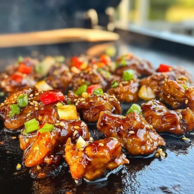 Delicious Blackstone Bourbon Chicken served with rice and vegetables