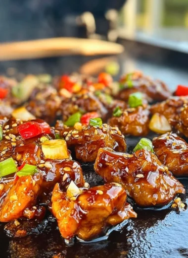 Delicious Blackstone Bourbon Chicken served with rice and vegetables