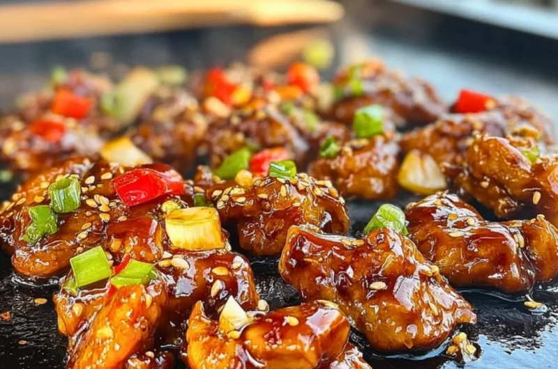 Delicious Blackstone Bourbon Chicken served with rice and vegetables