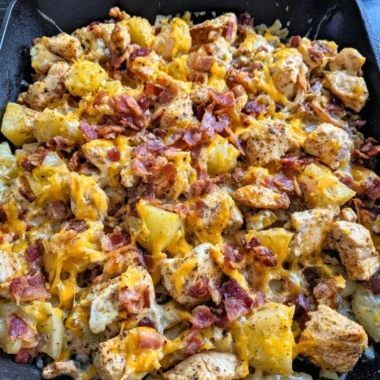 Blackstone Chicken Bacon Ranch Skillet with crispy bacon and tender chicken