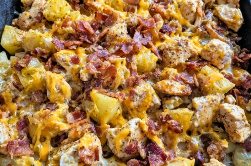 Blackstone Chicken Bacon Ranch Skillet with crispy bacon and tender chicken