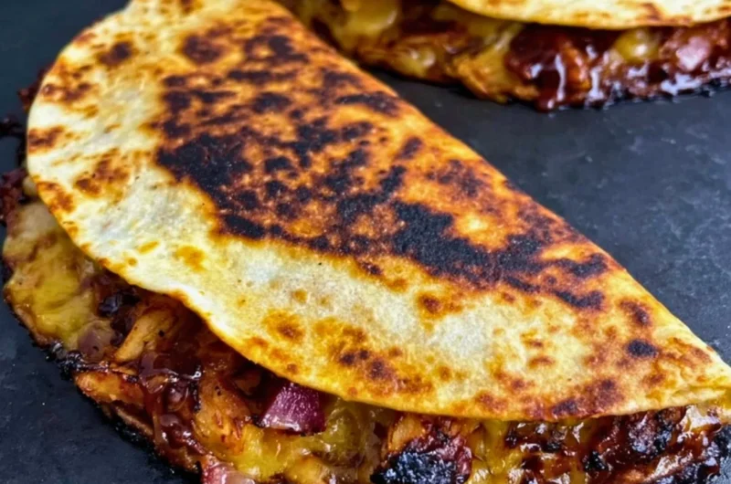 Delicious Blackstone hot honey BBQ chicken quesadillas served on a platter