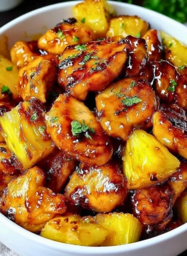 Delicious Blackstone Pineapple Chicken grilled with juicy pineapples.