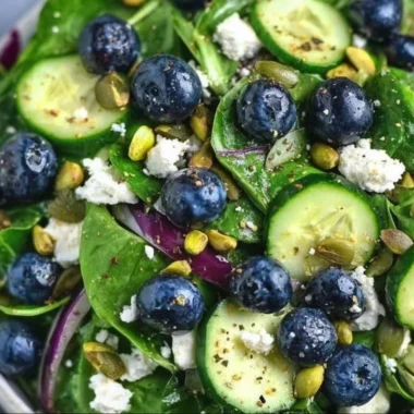 Blueberry pistachio spring salad with fresh greens and vibrant colors