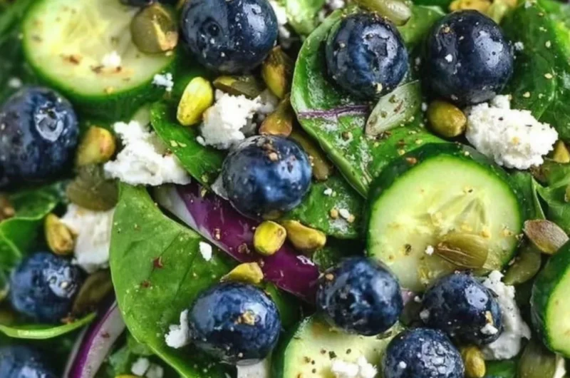 Blueberry pistachio spring salad with fresh greens and vibrant colors