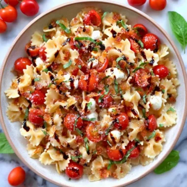 Delicious Bruschetta Pasta Salad with fresh tomatoes, basil, and mozzarella.