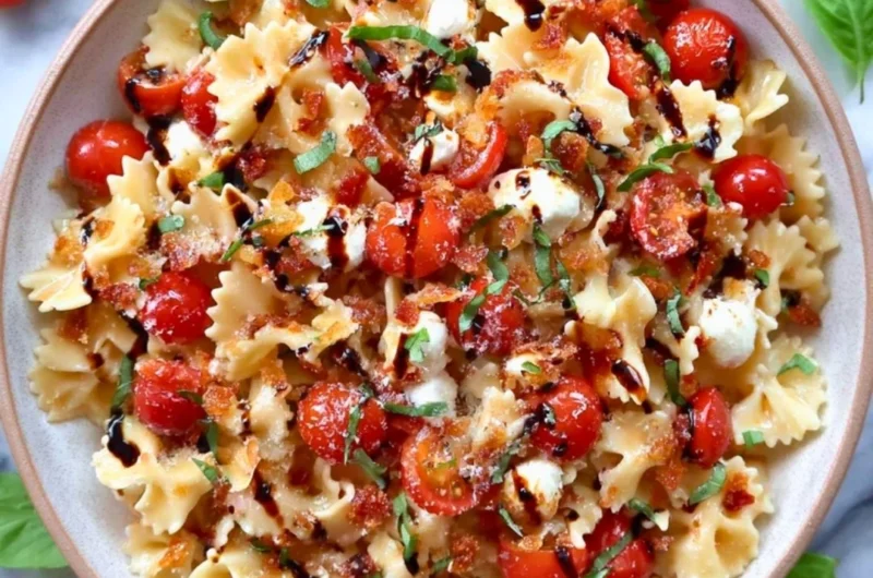 Delicious Bruschetta Pasta Salad with fresh tomatoes, basil, and mozzarella.