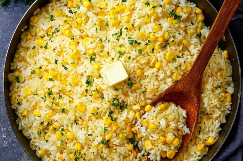 Delicious plate of buttered corn rice served as a side dish.