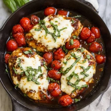 Chicken Caprese Skillet with mozzarella, tomatoes, and fresh basil