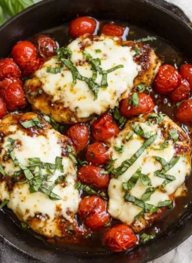 Chicken Caprese Skillet with mozzarella, tomatoes, and fresh basil