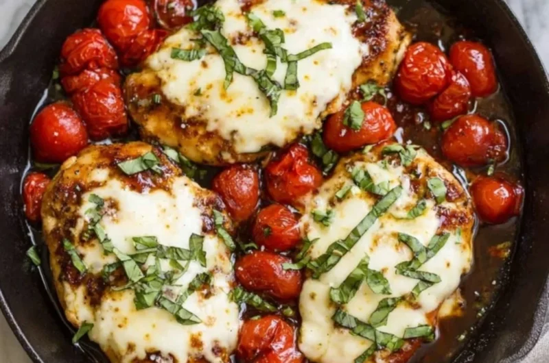 Chicken Caprese Skillet with mozzarella, tomatoes, and fresh basil