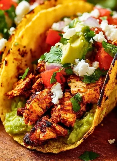 Plate of flavorful Chicken Street Tacos with fresh toppings and vibrant colors